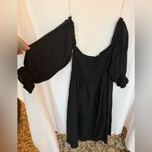 Anthropologie Entro Smocked Dress Off Shoulder Solid Black Empire Waist Size L